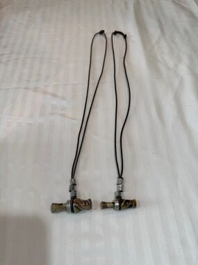 Handmade Glass Duck Call Pendant Necklace Pair - Olive Green Swirl